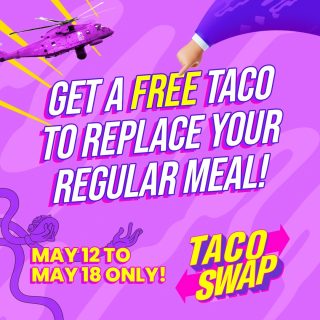 📣 It's here! 📣 Ini chance lo buat ganti menu makan yang b aja jadi FREE Taco:⁠
⁠
1. Visit any Taco Bell Store⁠
2. Beli menu apapun dengan min. purchase Rp90.000,-⁠
3. Claim FREE Crunchy Taco⁠
4. Berlaku 12-18 Mei 2022 whole day⁠

Disclaimer : gak perlu bawa makanan lo ke Taco Bell dan promo ini berlaku mulai dari 12-18 Mei 2022 aja. 

#WaktunyaTacoBell #TacoBellIndonesia #TacoSwap⁠ #GantiTacoAja⁠
.⁠
.⁠
.⁠
#tacobell #tacobelljakarta #taco #tacojakarta #menumakansiang #lunch #lunchidea #promomakanan #promomakan #diskon #diskonmakanan #diskonmakan #infodiskon #infopromo #promojkt #promojakarta #foodpromo #foodpromotion #kulinerjakarta #jktfood #jakartafooddestination #rekomendasikuliner #freefood #freetaco