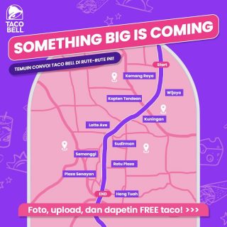 Temuin kita di rute-rute ini yaa, hari ini juga udah jalan loh! 🏍🏍⁠
⁠
Buat lo yang liat postingan ini dan ketemu convoi Taco Bell, boleh langsung fotoin kita ya! Cek selengkapnya di slide kedua ➡️➡️⁠
⁠
Lo bisa upload fotonya ke IG Story, tag @tacobellid dan claim FREE Crunchy Taco di NEW STORE Taco Bell Plaza Senayan BESOK 🥳⁠
⁠
#WaktunyaTacoBell #TacoBellIndonesia ⁠
.⁠
.⁠
.⁠
#tacobell #tacobelljakarta #taco #tacojakarta #restojakpus #restojaksel #restojakbar #restojakut #newintown #hiddengemjakarta #makanjakarta #jktinfo #infojakarta #kulinerjakarta #jakartafooddestination #jakartaupdate #hangout #hangoutjakarta #hangoutplace #hangoutspot #senayan #plazasenayan #kulinerjakpus #jakartapusatfoodies #foodpromo #promomakan #infodiskon #infopromo