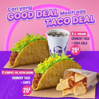 Taco Deal masih ada sampai tanggal 31 Agustus 🎉🎉

Buruan ke Taco Bell terdekat lo sekarang buat cobain SECRET menu Taco Bell yang satu ini. Cukup bilang "TACO DEAL" ke mas/mbak kasirnya ya 🤫

#WaktunyaTacoBell #TacoBellIndonesia 
.
.
.
#tacobell #tacobelljakarta #taco #tacojakarta #drivethru #deliveryorder #fooddelivery #foodpromo #promomakanan #promomakan #jajan #jajanjakarta #infopromojakarta #infodiskon #infopromo #infopromomakanan #infomakanan #infokulinerjakarta #promojkt #promojakarta #jakartafood #jakartafoodbang #jakartaculinary #kulinerjakarta #restojakarta #jakartafooddestination