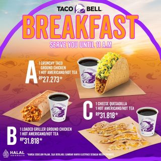 Morning people sini berkumpul! ☀️⁠
⁠
Buat lo yang butuh semangat pagi-pagi mending mampir aja ke Taco Bell jam 8-11 pagi! Menu Breakfast dari Taco Bell sekarang udah available di semua store ya ✨😍⁠
⁠
*Berlaku untuk pembelian dine in, takeaway, drive thru.⁠
*Berlaku hingga 31 Agustus 2022⁠
⁠
#WaktunyaTacoBell #TacoBellIndonesia #CheesyDeal⁠
.⁠
.⁠
.⁠
#tacobell #tacobelljakarta #taco #tacojakarta #breakfast #breakfastmenu #breakfastjakarta #menusarapan #menusarapanpagi #kulinerjakarta #senopati #jaksel #kelapagading #kelapagadingkuliner #kelapagadingfood #pik #kulinerpik #kebonjeruk #jakbar #kulinerjaksel #kulinerkebonjeruk #kulinerjakbar #kulinerjakut #jakartafood #jakartafoodbang #jakartafooddestination