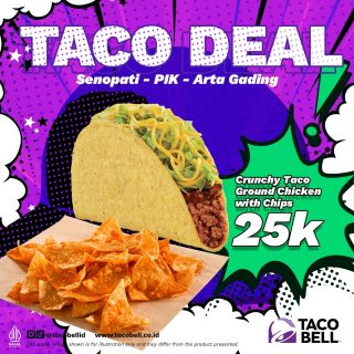 Great deal is Taco Deal! 💥⁠
⁠
Yuk sini mampir ke Taco Bell Senopati, PIK, dan Artha Gading! 25 ribu udah dapet Crunchy Taco + Cheesy Chips, pas banget deh buat yang suka dadakan laper. 😋⁠
⁠
Inget ya, passwordnya: "Taco Deal" 😎⁠
⁠
Berlaku untuk dine in dan takeway, periode promo hingga 31 Juli 2022.⁠
⁠
#WaktunyaTacoBell #TacoBellIndonesia⁠
.⁠
.⁠
.⁠
#tacobell #taco #tacojakarta #promomakanan #promomakan  #diskon #diskonmakanan #diskonmakan #infodiskon #infopromo #promojkt #promojakarta #foodpromo #foodpromotion #kulinerjakarta #jktfood #jakartafooddestination #jakartafoodbang #restojakarta #jakartaculinary #rekomendasikuliner #secretmenu #pakethemat